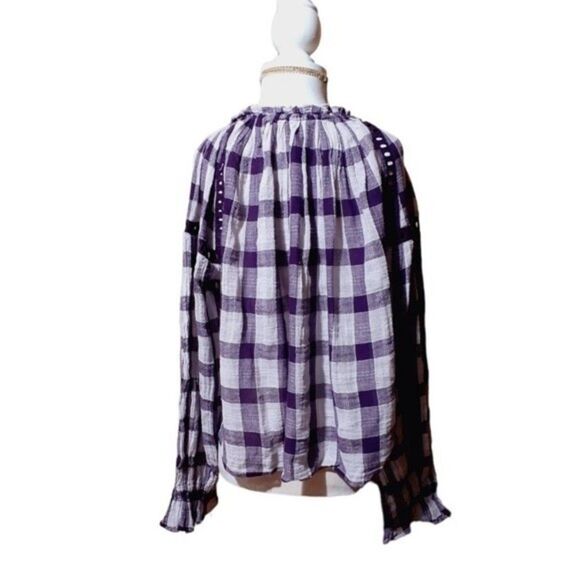 Free People Honey Grove Plaid Purple Plum Long Sleeves Tassel Boho Peasant Top S - Picture 6 of 8